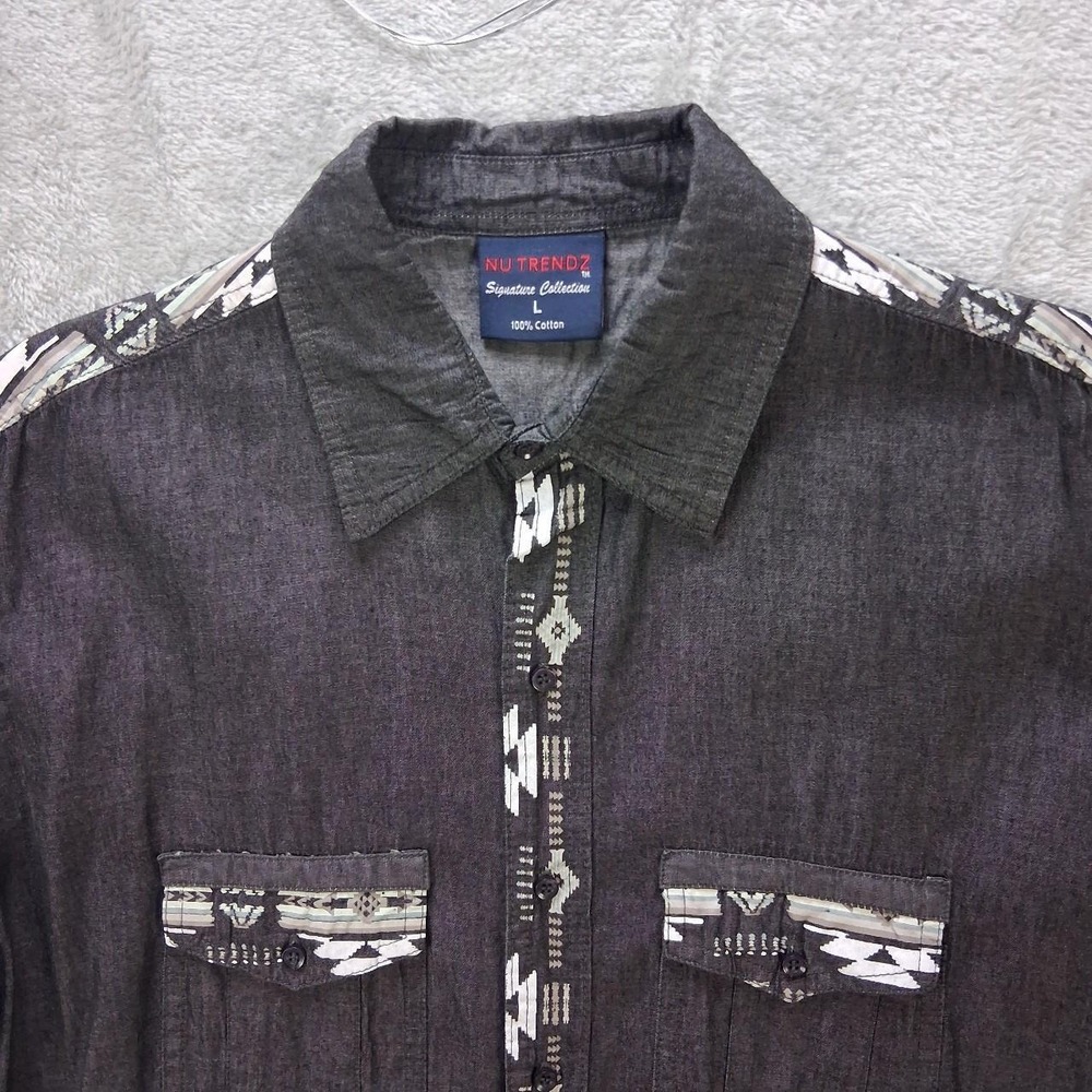 Nu Trendz Mens Western Denim Button Up Shirt Black Aztec Trim Size L
